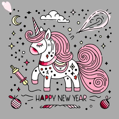 happy new year illustration calligraphic style outline; thin lines; light colors