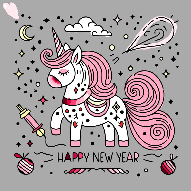 happy new year illustration calligraphic style outline; thin lines; light colors