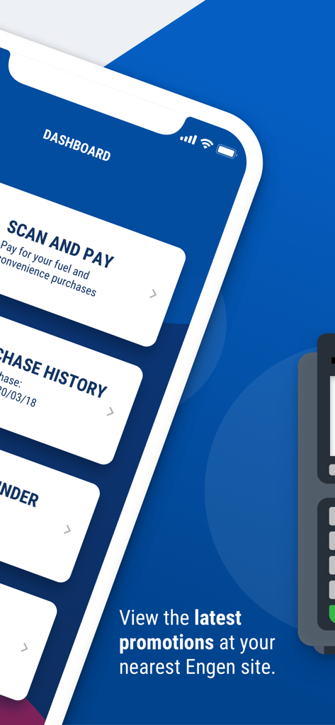 Engen 1 app - Panel de control de la app Engen 1 mostrando funciones de escaneo y pago y de historial de compras