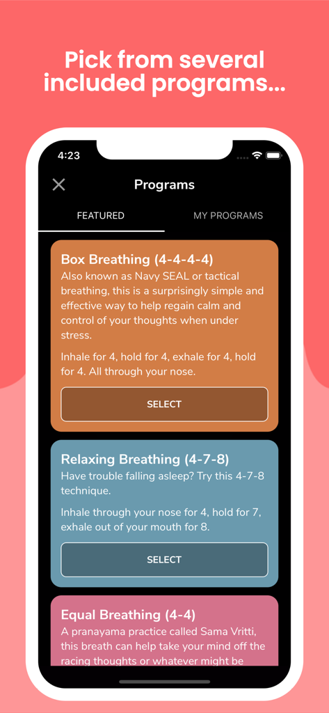 Awesome Breathing: Pacer Timer - Una lista de programas de ejercicios de respiración en la interfaz de la aplicación Respiración Increíble que incluye Respiración Cuadrada y Respiración Relajante.