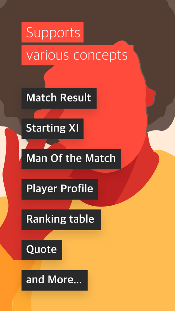Sports Studio - Una lista de plantillas de gráficos deportivos en la aplicación Sports Studio que incluyen resultados de partidos y perfiles de jugadores