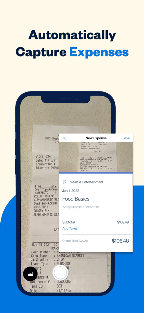 FreshBooks mobile app screen demonstrating automatic expense capture by scanning a paper receipt