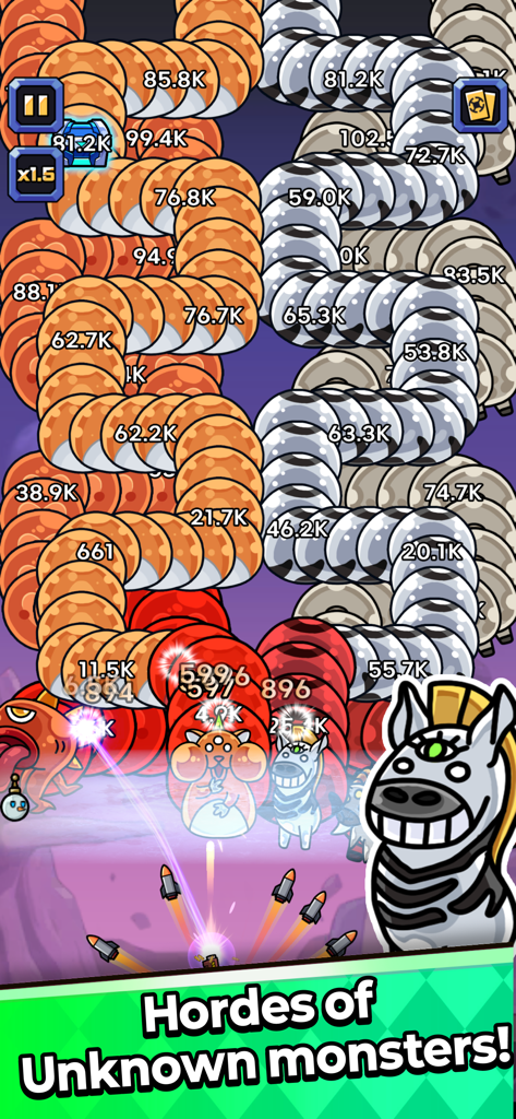 A gameplay screenshot of Wiggle Defender showing large waves of writhing orange and silver monsters being attacked by missiles.