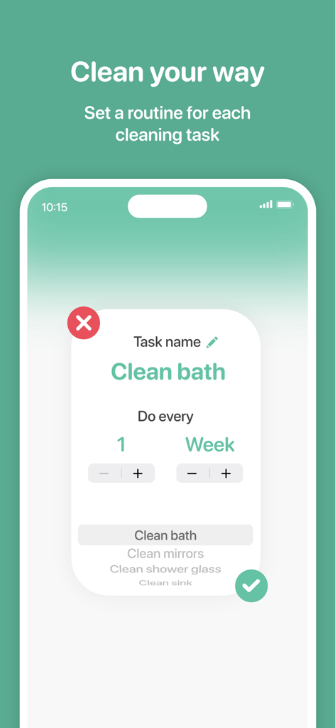 Spotless: A simply clean home - Una pantalla de aplicación móvil para programar una tarea de limpieza semanal del baño.
