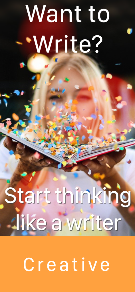 Writerly - A woman holding an open book with colorful confetti bursting out and text asking Want to Write