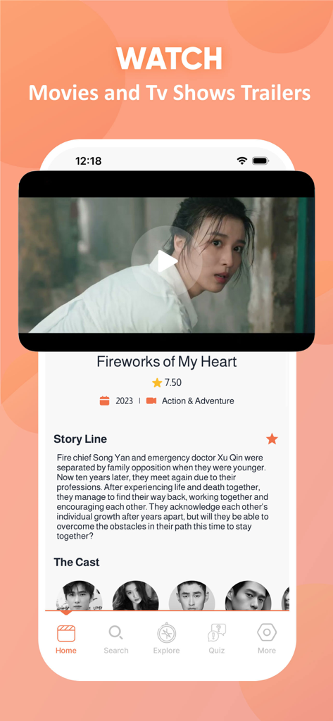 DramaCool: Kdrama Movie & Show - DramaCool 앱 화면에서 드라마 '불꽃'의 예고편 및 세부 정보 표시