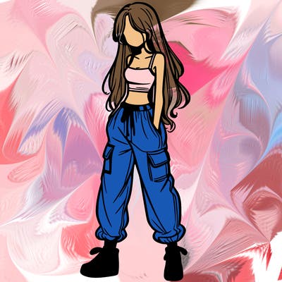girl in baggy pants crop top and long hair