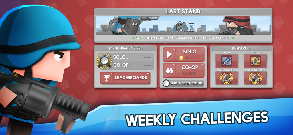 Clone Armies - Tactical Game - Wöchentliche Herausforderungen-Menü in Clone Armies mit Details zur Mission „Letzter Widerstand“ und Belohnungen