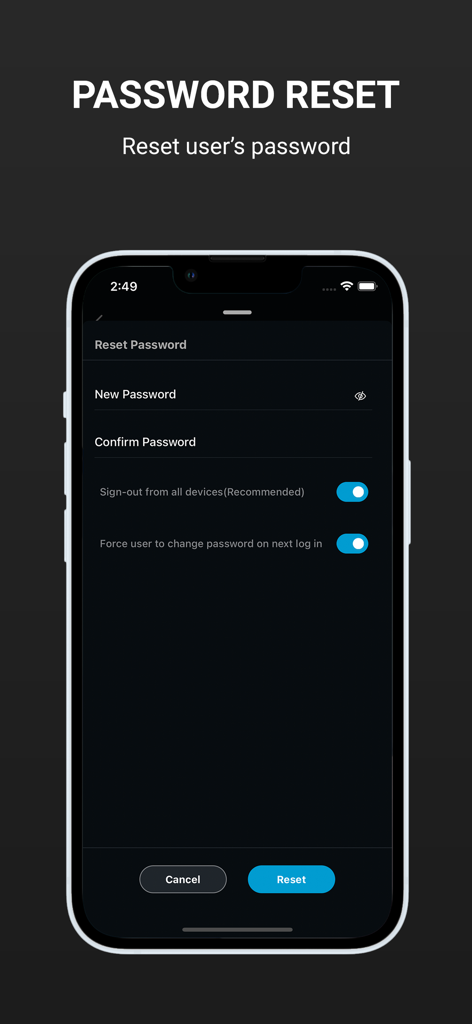 Interface do aplicativo Zoho Mail Admin mostrando a tela de redefinição de senha com opções de alternância de segurança em um tema escuro