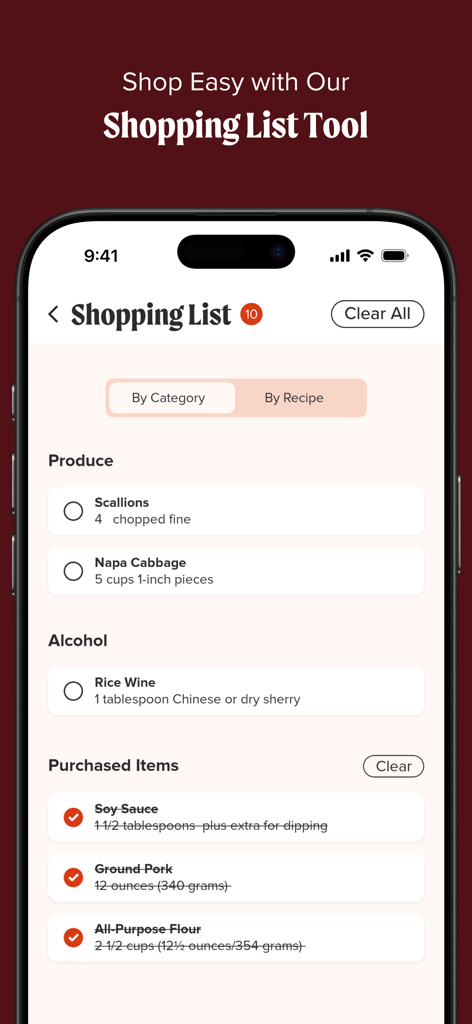 America's Test Kitchen - Americas Test Kitchen app shopping list showing categorized ingredients like produce and alcohol