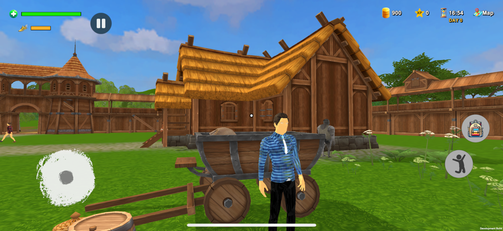 Medieval Shopman - A player character standing next to a wooden cart in front of a thatched roof building in a medieval town.
