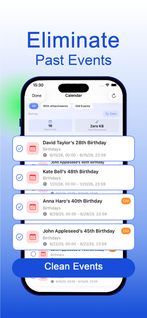 Clean Space AIアプリのカレンダーイベントクリーニング機能を示す画面