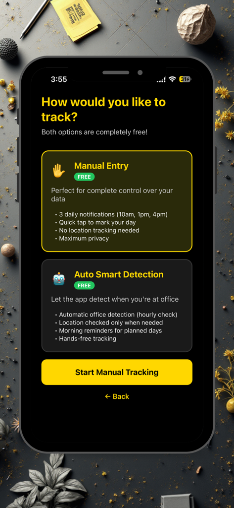 Hybrid Office Tracker app interface showing options for Manual Entry and Auto Smart Detection tracking modes