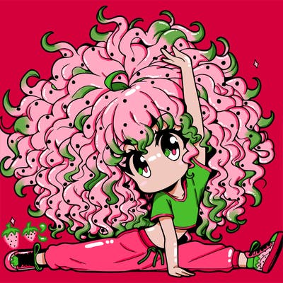 an anime girl with really curly hair doing a split in the air