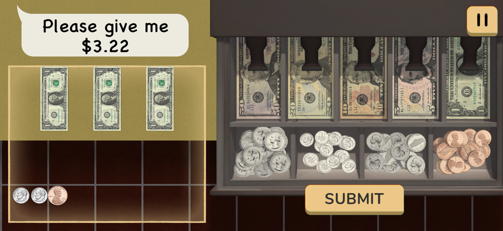 Cash Skills Collection - Interactive money counting game interface from the Cash Skills Collection app showing a cash register and currency