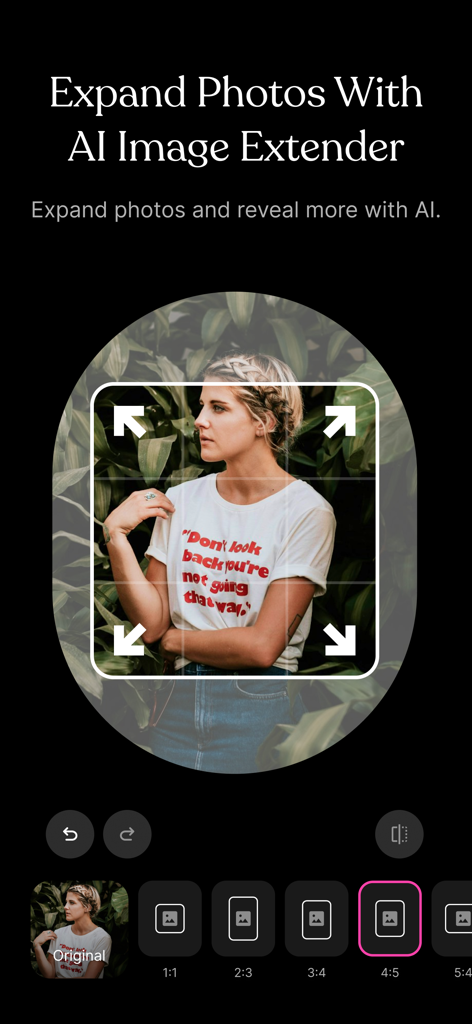 Remo・Remove Objects from Photo - AI image extender tool in the Remo app interface showing a photo of a woman being expanded into a new aspect ratio.