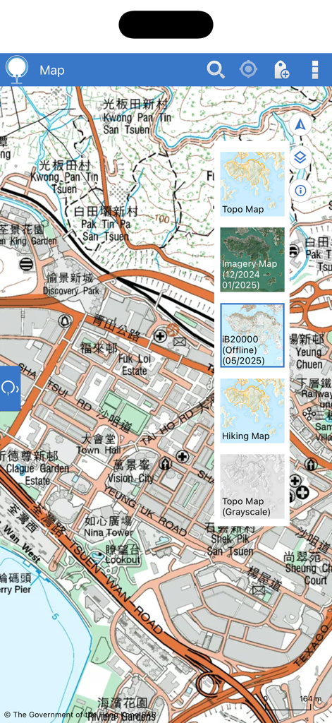 MyMapHK - Interface of MyMapHK app showing map layer options including topographic imagery and hiking maps for Hong Kong.