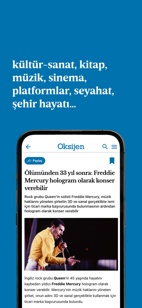 Oksijen Gazetesi - The Oksijen Gazetesi app displaying a culture and arts article on a smartphone.