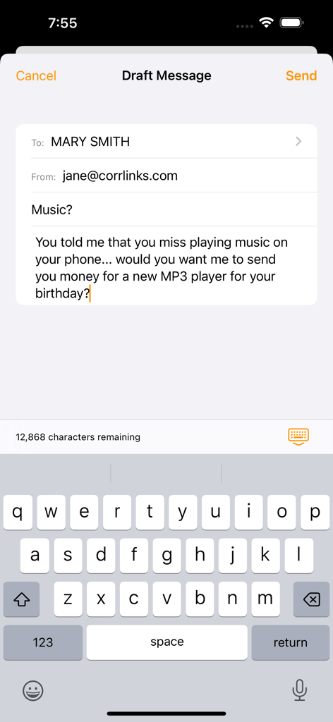 Drafting a message to an incarcerated loved one on the CorrLinks mobile app interface