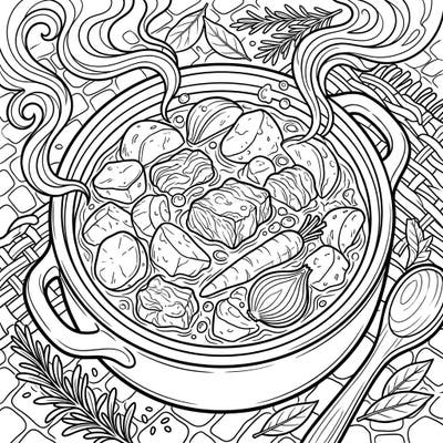 Savor the warmth of a comforting pork stew with this intricately designed coloring page, perfect for teen artists. Explore tender pork, root vegetables, and fragrant herbs, offering a delightful and detailed creative challenge.