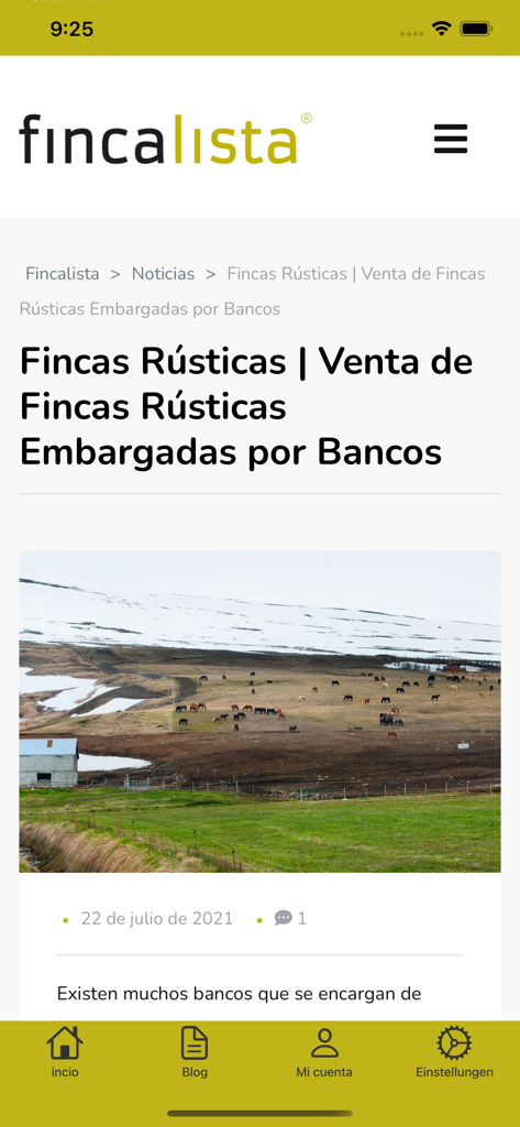 fincalista - Pantalla del blog de la app Fincalista mostrando noticias sobre fincas rústicas embargadas por bancos