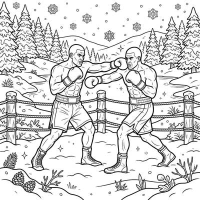 Witness an epic winter battle as two powerful heavyweight boxers face off in a snow-covered ring. This unique coloring page combines athletic intensity with the serene beauty of a winter wonderland, ready for your artistic touch.