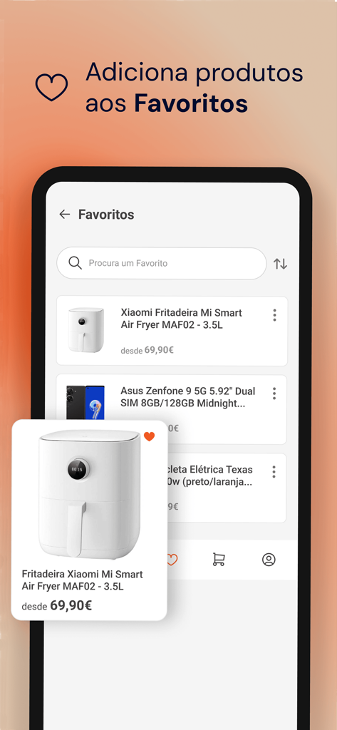 Kuantokusta - KuantoKusta app mostrando una lista de productos favoritos que incluyen una freidora de aire inteligente y un teléfono inteligente.