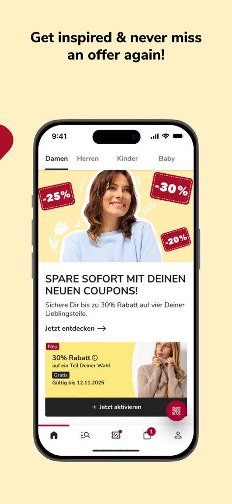 Takko Friends mobile App-Oberfläche mit exklusiven Mode-Gutscheinen und Einkaufsrabatten für preisbewusste Verbraucher.