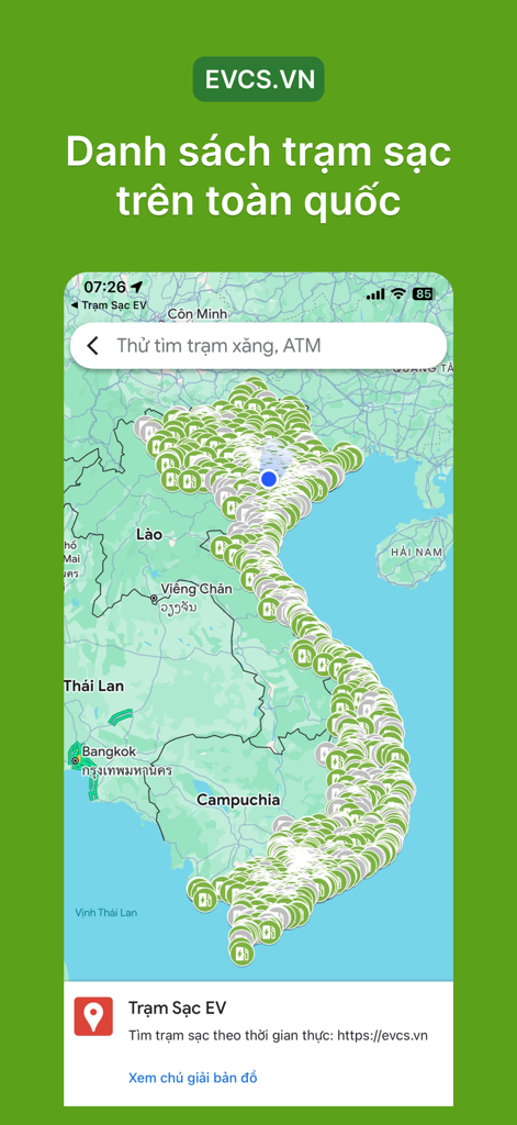 A map of Vietnam showing a nationwide network of electric vehicle charging stations in the Tram Sac EV app.