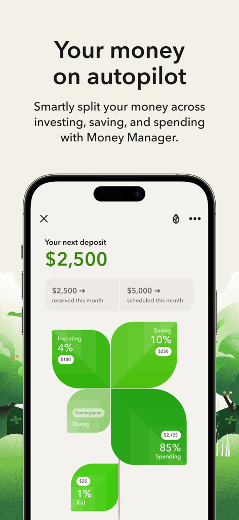 Acorns app Money Manager screen showing an automated split of funds between investing, saving, and spending.