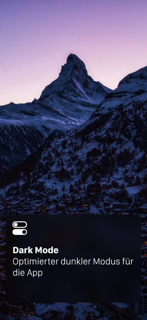 LANDI Wetter - LANDI Wetterアプリのスクリーンショット。夕暮れのアルプスの山を背景にした最適化されたダークモードが表示されています。