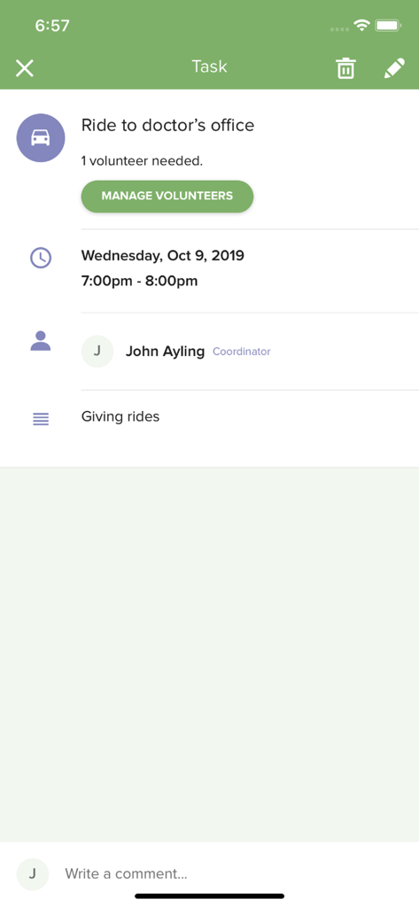 Interface of Lotsa Helping Hands app displaying a task for a ride to a doctors office with volunteer status
