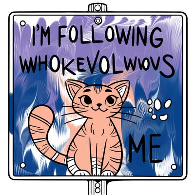sign that says i’m following whoever follows me and cat in the backround