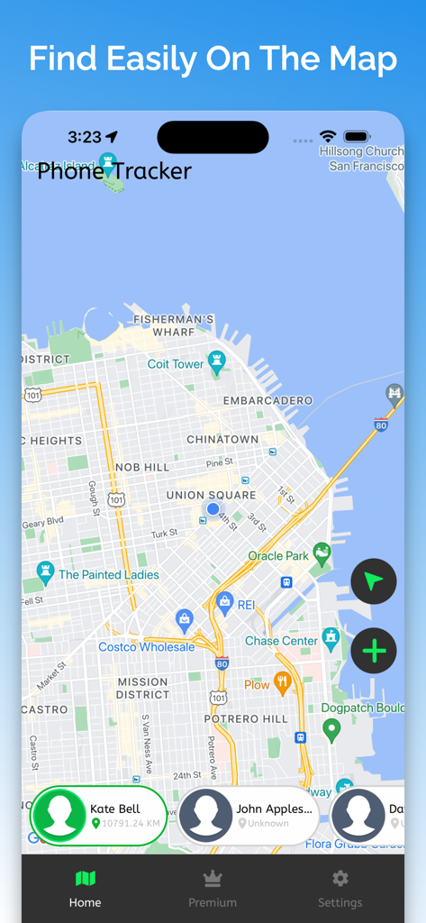 Vista de mapa de la aplicación Rastreador de Ubicación de Teléfono Móvil mostrando la ubicación actual de los miembros de la familia en una ciudad
