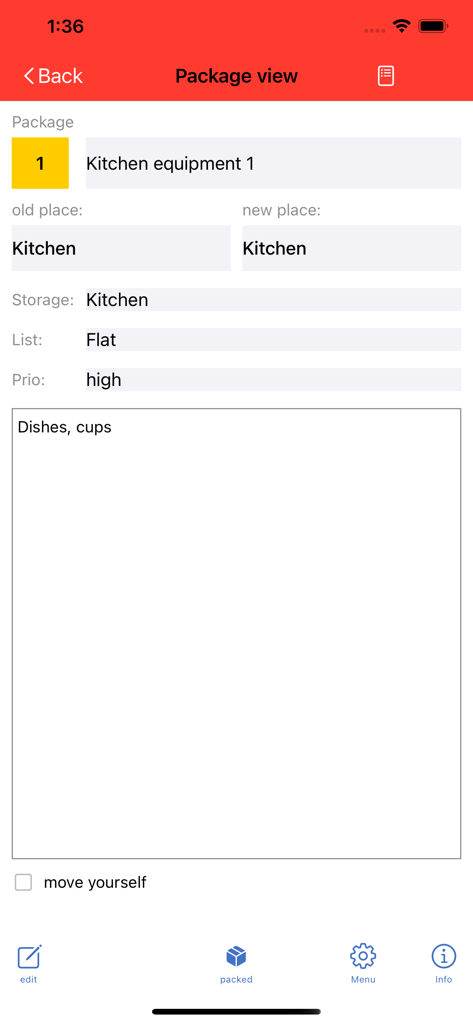 MyUmzug - MyUmzugアプリでの引越しボックスの詳細ビュー、キッチン用品とラベル付け、内容と優先度レベルを含む