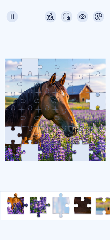Jigsawgram: Jigsaw Puzzle - A digital jigsaw puzzle featuring a brown horse in a purple lavender field