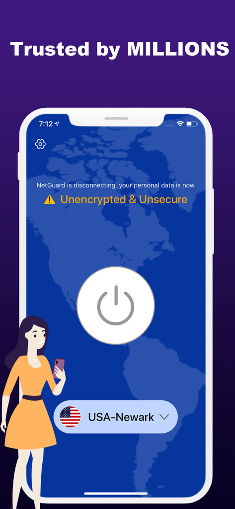 NetGuardアプリのインターフェース（iPhone）。接続警告と米国ニューアークサーバーのオプションが表示されています