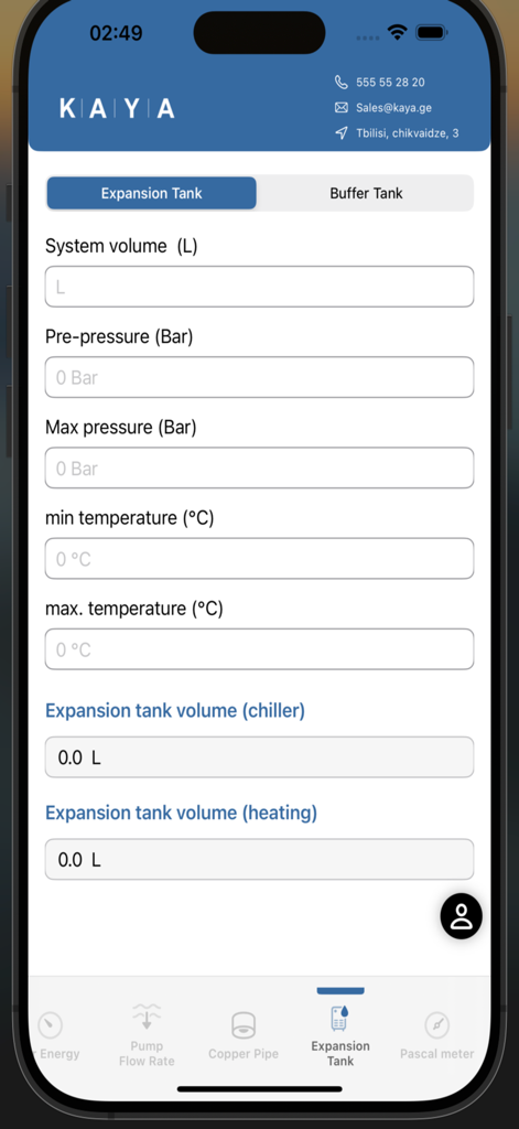 K | A | Y | A - Interface of KAYA app showing the expansion tank volume calculation screen with inputs for system volume pressure and temperature
