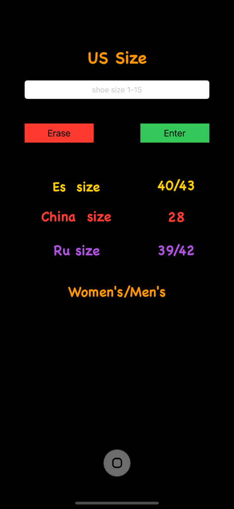 Oberfläche der AB LegSize-App, die die Umrechnung von Schuhgrößen von US nach europäischen, chinesischen und russischen Systemen zeigt.