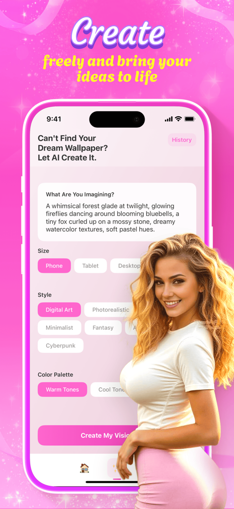 Uma captura de tela do aplicativo Triveo mostrando a interface de criação de papel de parede de IA com opções de estilo e tamanho.