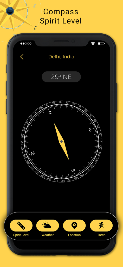 Interfaz de brújula digital en un smartphone mostrando la orientación en grados e iconos de herramientas de navegación