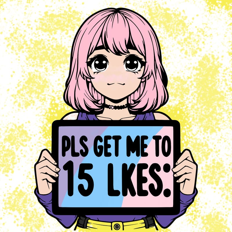 realistic girl holding up a sign that says “pls get me to 15 likes!”