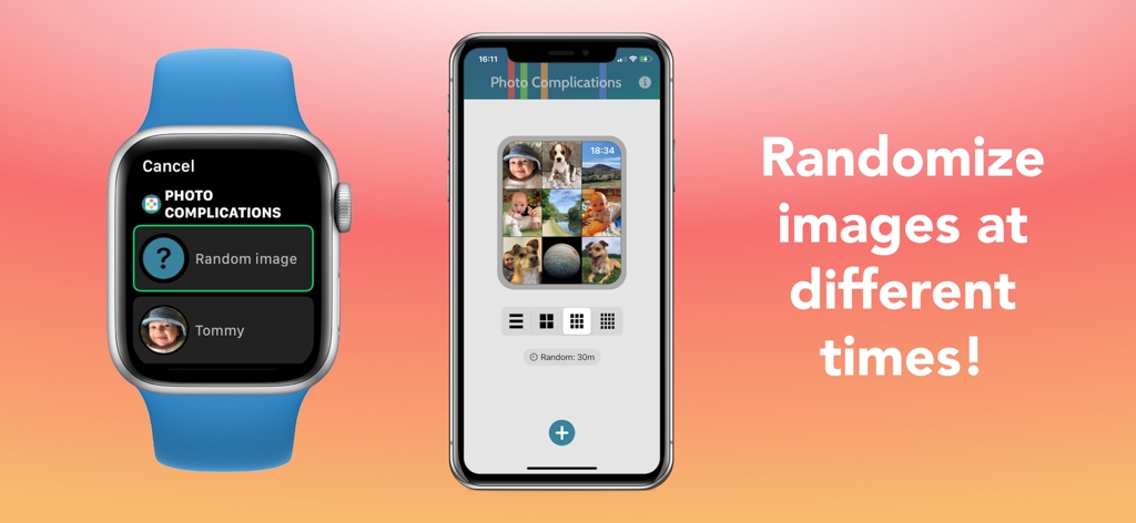 Photo Complications - An Apple Watch and iPhone displaying the Photo Complications app interface for randomizing watch face photos.