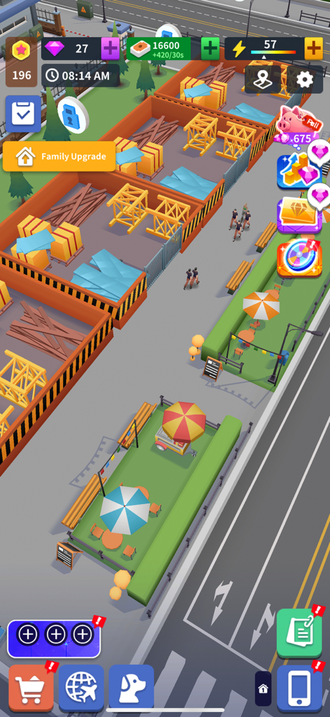 A property development site in Idle Landlord Sim showing construction materials and outdoor tables.