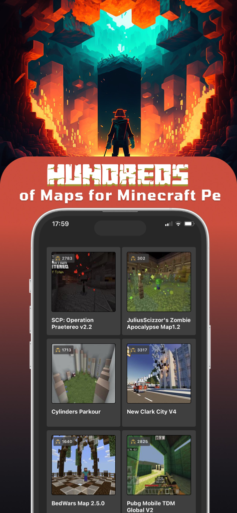 Mine Maps for Minecraft PE - Mine Maps for Minecraft PE mobile app showing a collection of custom survival and adventure maps