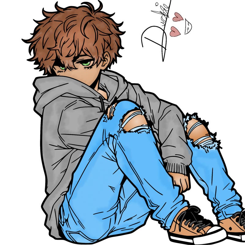 a male hoddie ripped jeans messy hair anime