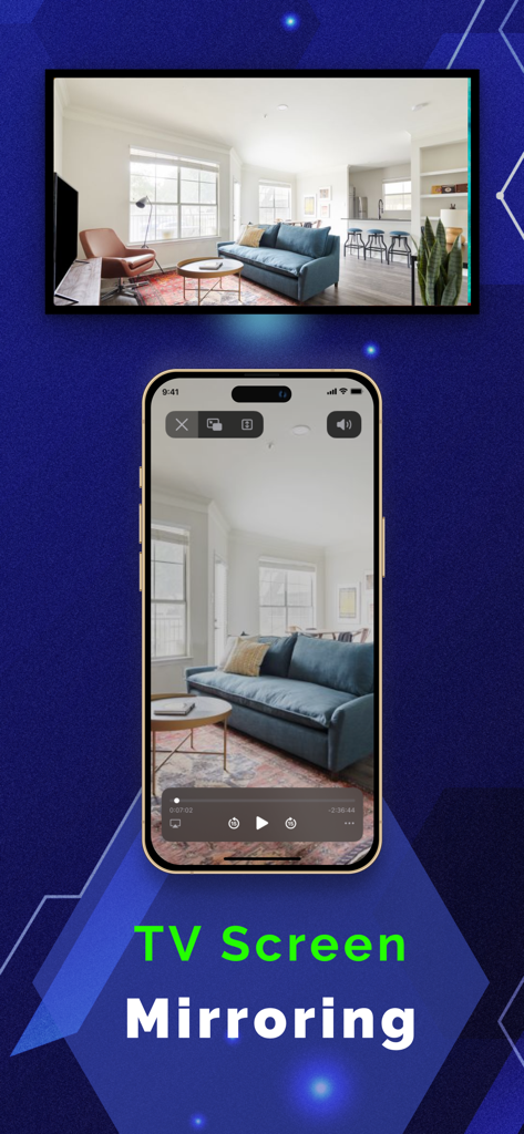 An iPhone mirroring a living room video to a large smart TV screen using the Stayconnect app.