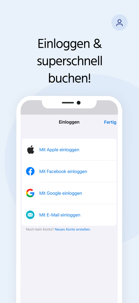 Anmeldebildschirm der Fluege.de App mit Schaltflächen für die Anmeldung über soziale Medien und E-Mail