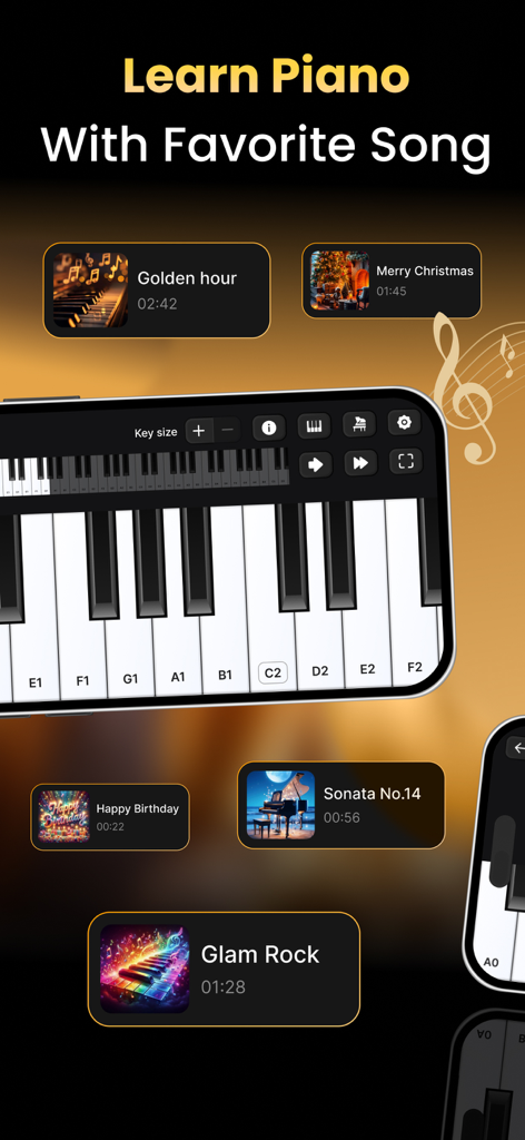 Piano Keyboard: Learn Piano - デジタルピアノと学習できる人気曲のリストを表示するピアノキーボードアプリのインターフェース。