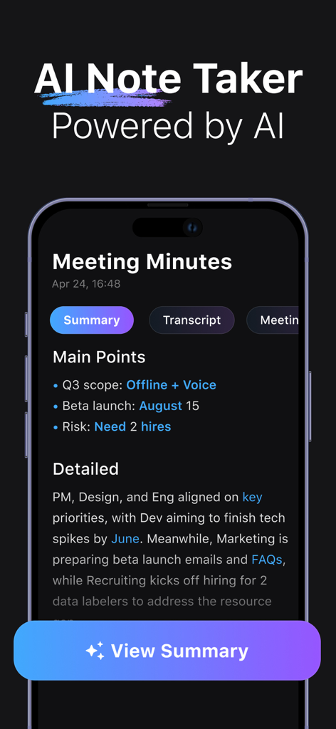 Voice Memos: AI Note Recorder - La aplicación AI Note Recorder muestra un resumen automatizado de las actas de la reunión con los puntos principales y un análisis detallado.